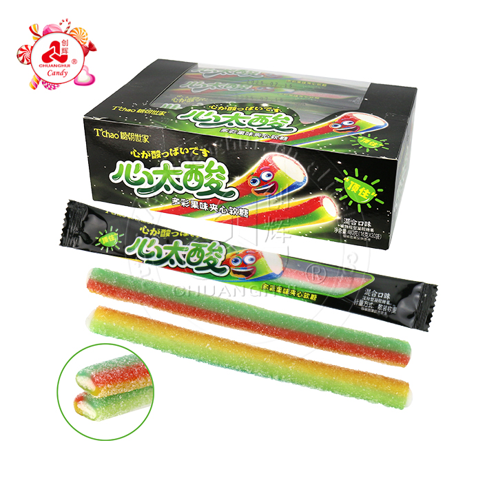 13g Double Colors Licorice Sour Straw Soft Gummy Candy Strips with Sour Powder Filling CH-J716