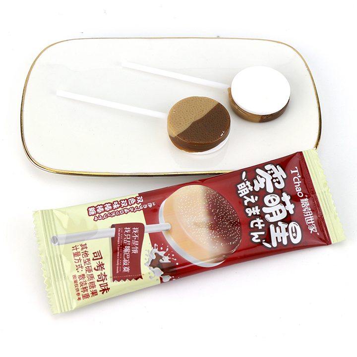 2-in-1 Two Colors Scotch Caramel butter Flavor Round Flat Lollipop with Sugar Free Sour Pressed Candy CH-BP103-5