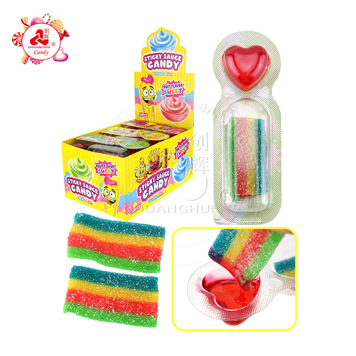 Rainbow Sticky sauce candy Short Belt shaped soft gummy candy with heart shaped sour jam CH-J682-1