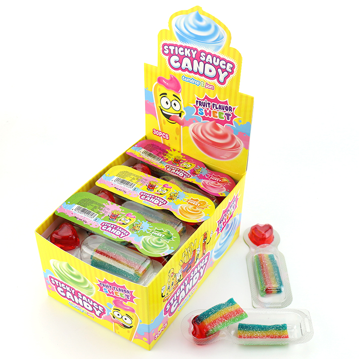 Rainbow Sticky sauce candy Short Belt shaped soft gummy candy with heart shaped sour jam CH-J682-1