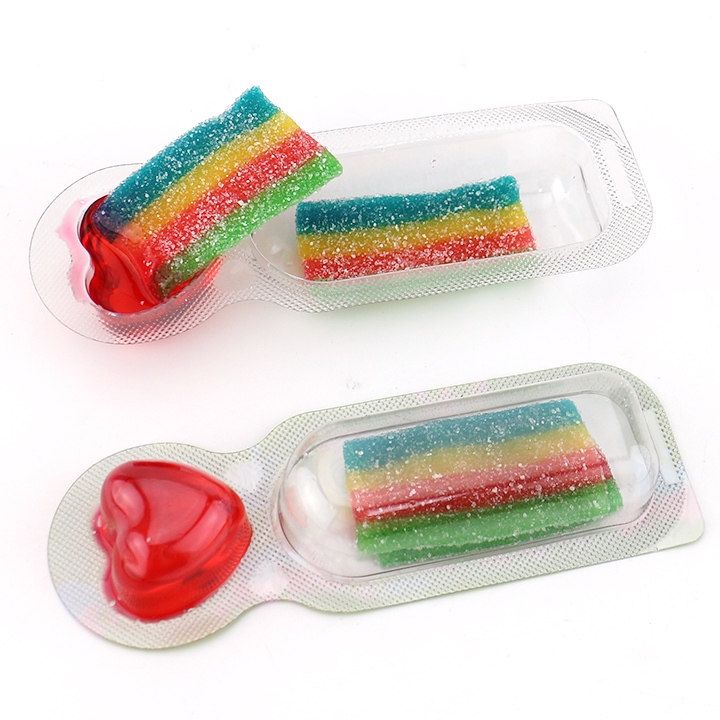 Rainbow Sticky sauce candy Short Belt shaped soft gummy candy with heart shaped sour jam CH-J682-1
