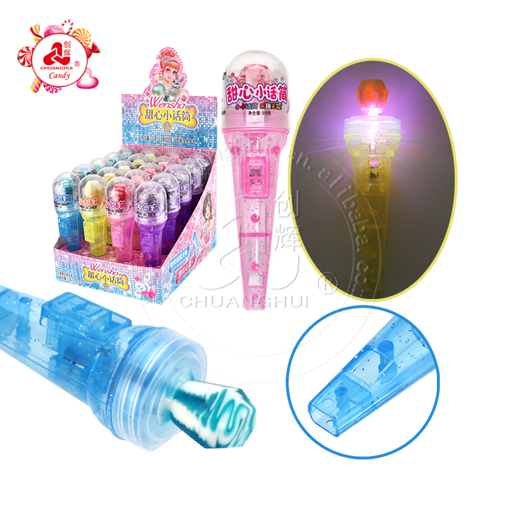 LED flashing Microphone shaped whistle toy candy with diamond pop lollipop CH-T1401