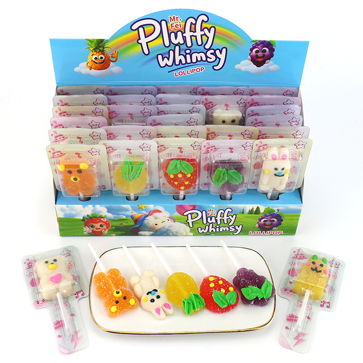 Pluffy whimsy handmade soft Jelly lollipop bear, rabbit, fruit shaped gummy lollipop candy CH-J698