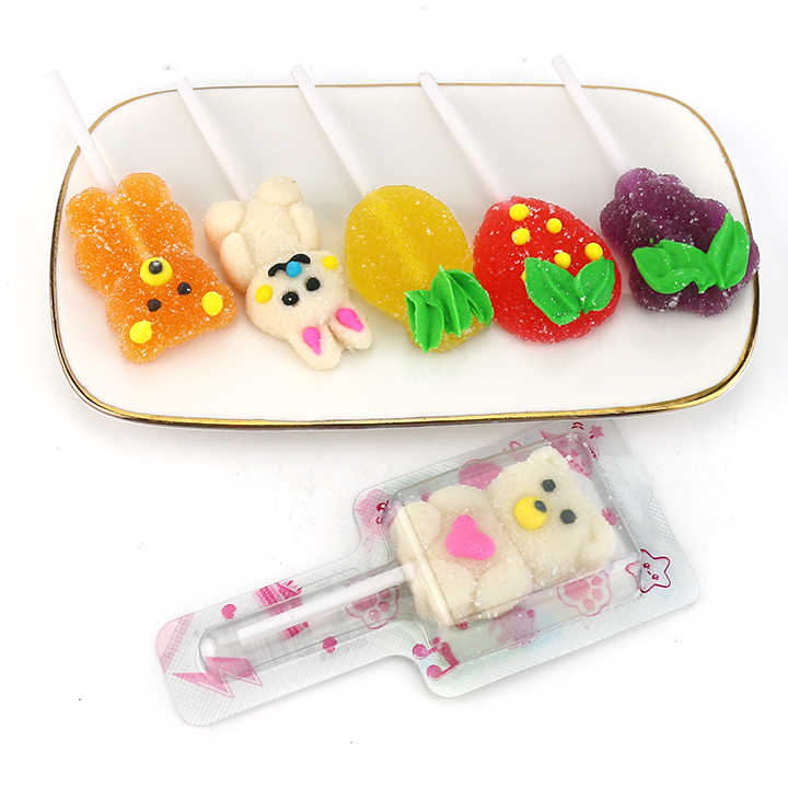 Pluffy whimsy handmade soft Jelly lollipop bear, rabbit, fruit shaped gummy lollipop candy CH-J698