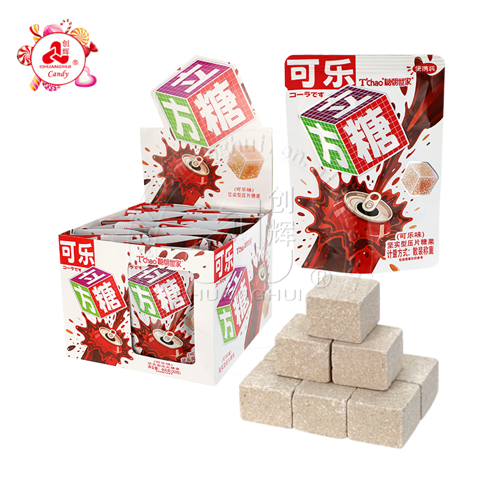 Halal sweet and sour Cola flavored cube shaped pressed tablet candy CH-Z169-2
