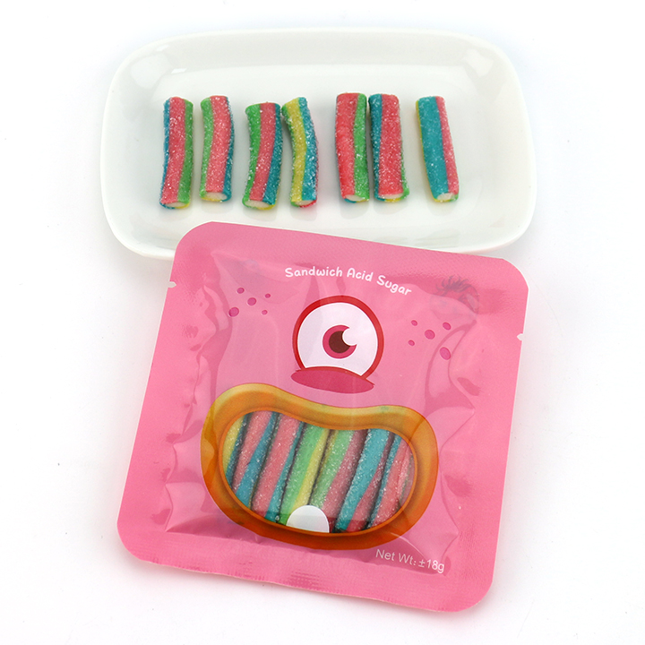 Monster design Candy Short Straw Licorice Soft Gummy Candy Strips with Sour Powder Filling CH-J727