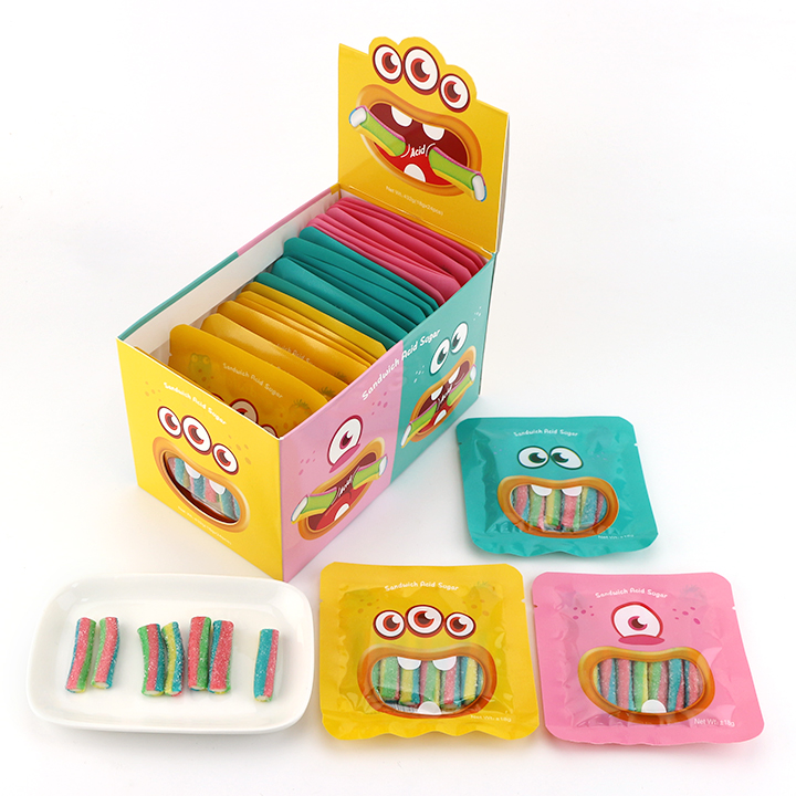Monster design Candy Short Straw Licorice Soft Gummy Candy Strips with Sour Powder Filling CH-J727