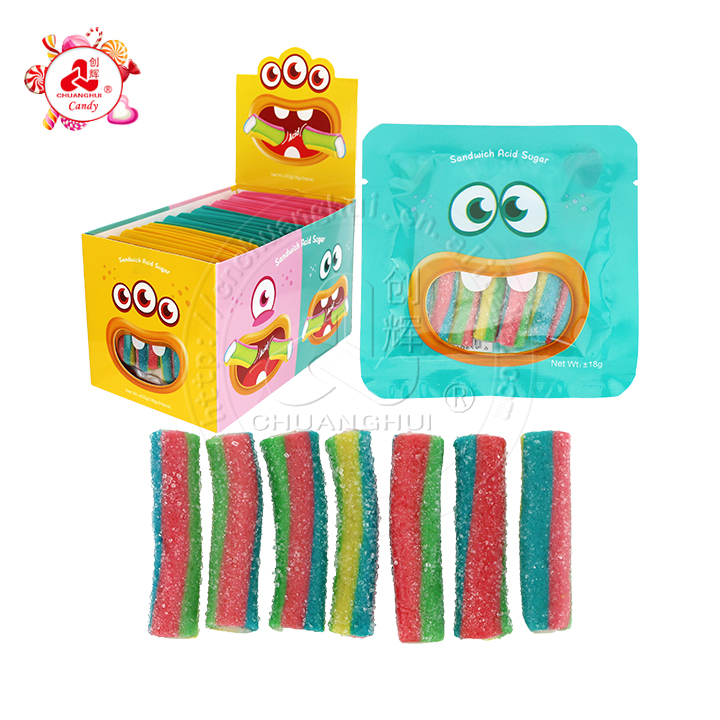 Monster design Candy Short Straw Licorice Soft Gummy Candy Strips with Sour Powder Filling CH-J727