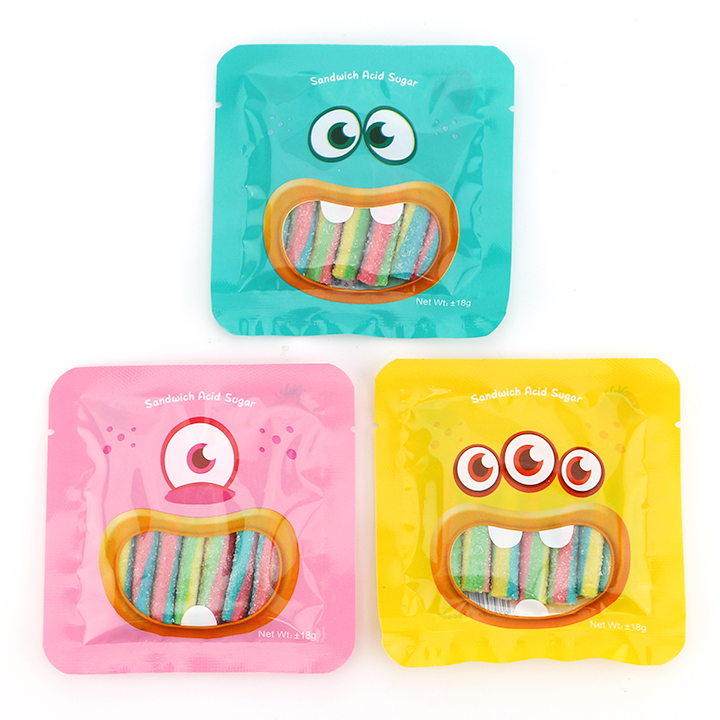 Monster design Candy Short Straw Licorice Soft Gummy Candy Strips with Sour Powder Filling CH-J727