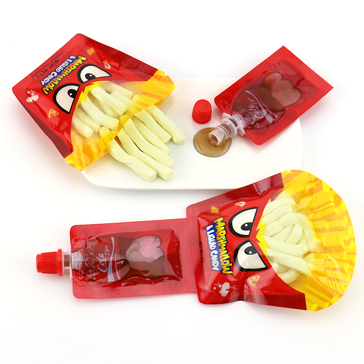 Cartoon French fries shaped marshmallow strips with Cola flavored jam liquid candy CH-M219