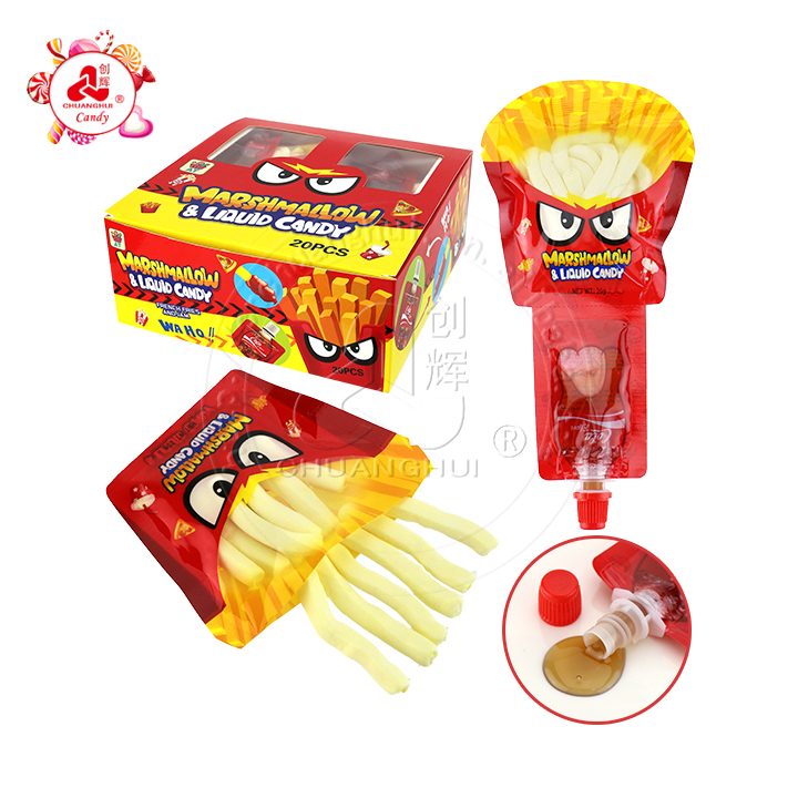 Cartoon French fries shaped marshmallow strips with Cola flavored jam liquid candy CH-M219