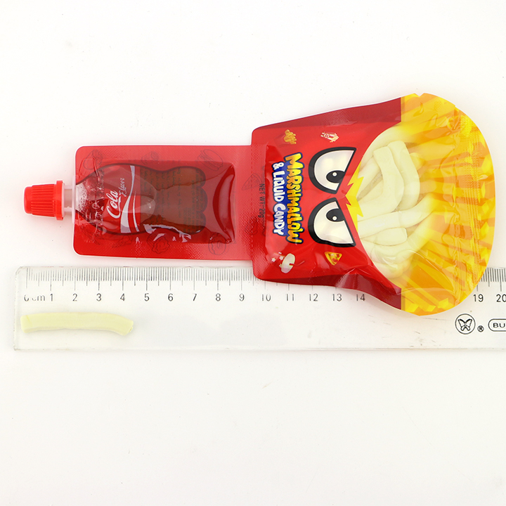 Cartoon French fries shaped marshmallow strips with Cola flavored jam liquid candy CH-M219