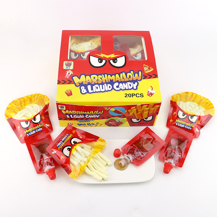 Cartoon French fries shaped marshmallow strips with Cola flavored jam liquid candy CH-M219