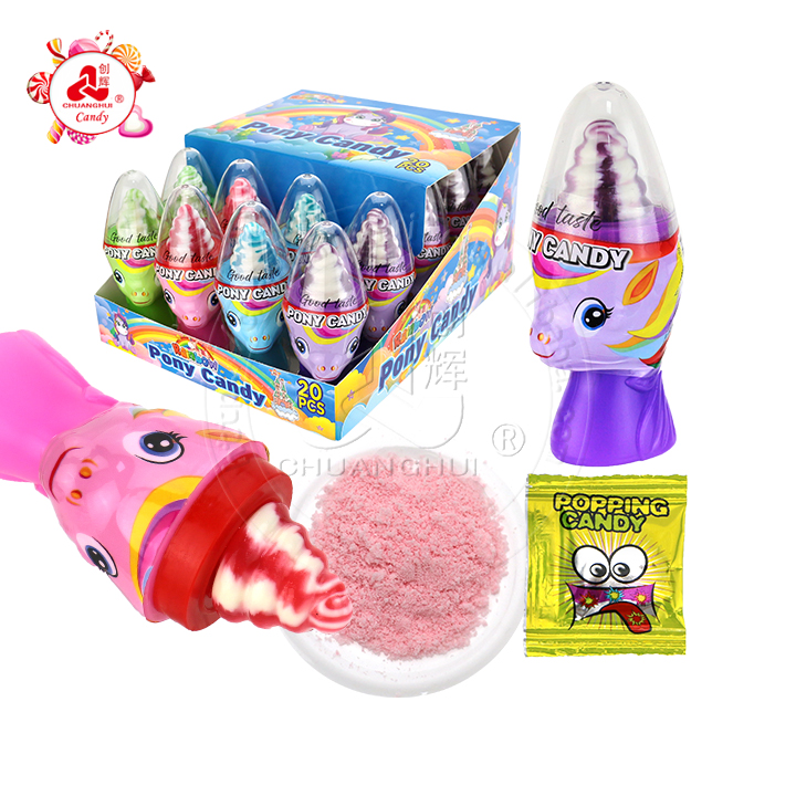 3 in 1 Cartoon unicorn horse pop lollipop with sour powder and popping candy CH-N765