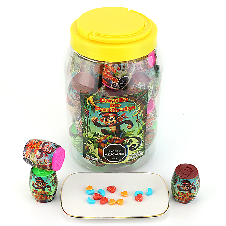 Colorful mixed fruit pressed tablet candy in Barrilin wine barrel CH-N768