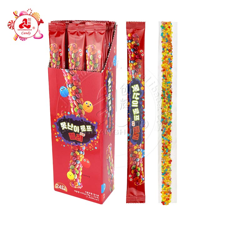 Hot Sale Long Sour Rainbow Rope Gummy Stick Jelly Candy with Mini Granule Candy Drops CH-J643-1