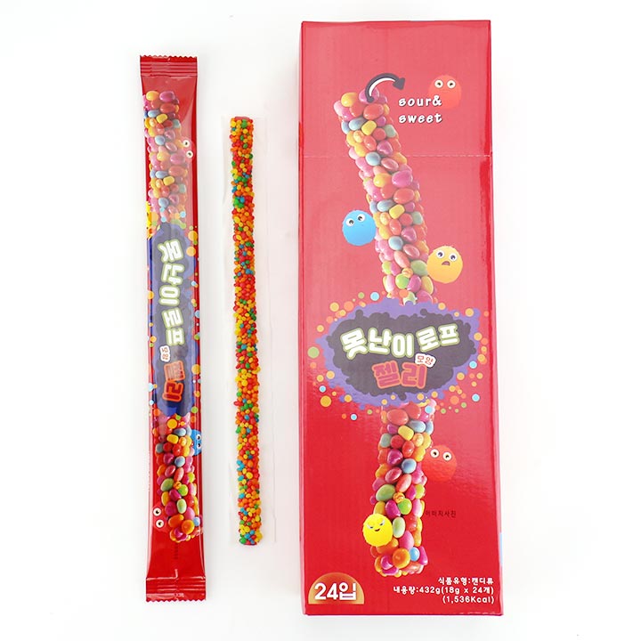 Hot Sale Long Sour Rainbow Rope Gummy Stick Jelly Candy with Mini Granule Candy Drops CH-J643-1