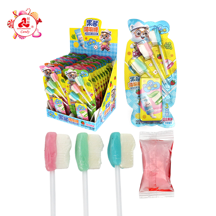 2 in 1 Mini Toothbrush shaped lollipop with jam liquid candy CH-BP151