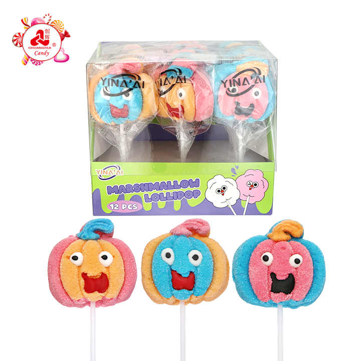 Halloween candy 35g Colorful pumpkin shaped big marshmallow lollipop CH-M232