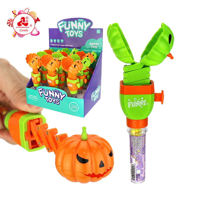 Halloween candy toy cartoon pumpkin head shape telescopic spring bite toy candy CH-TB249