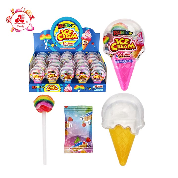 Colorful Ice Cream Rainbow lollipops with popping rock candy in ice cream shaped boxes CH-BP155