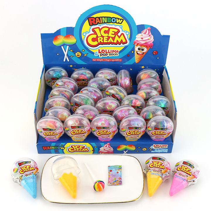 Colorful Ice Cream Rainbow lollipops with popping rock candy in ice cream shaped boxes CH-BP155