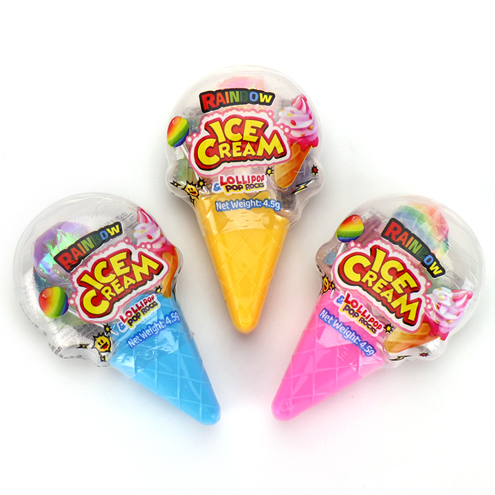 Colorful Ice Cream Rainbow lollipops with popping rock candy in ice cream shaped boxes CH-BP155