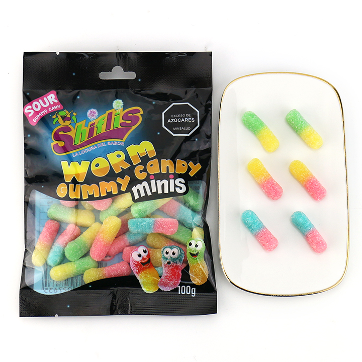 100g Two-tone Mini Worm shaped soft gummy candy in bag CH-J702