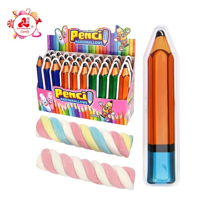 3D Pencil shaped packaging colorful twist marshmallow strips CH-M235