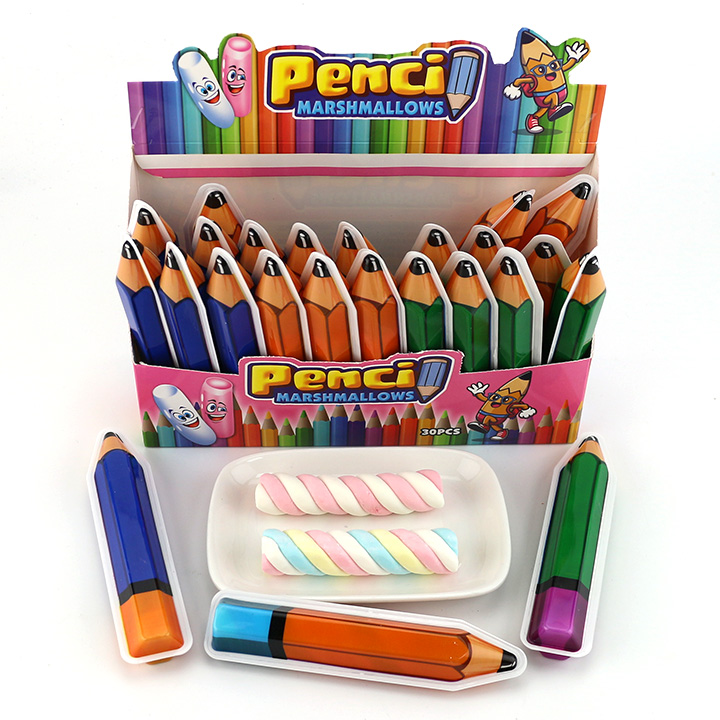 3D Pencil shaped packaging colorful twist marshmallow strips CH-M235