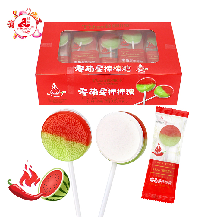 2 in 1 Spicy Watermelon Flavor Round Flat Hard Lollipop with Pressed Tablet Candy CH-BP103-6