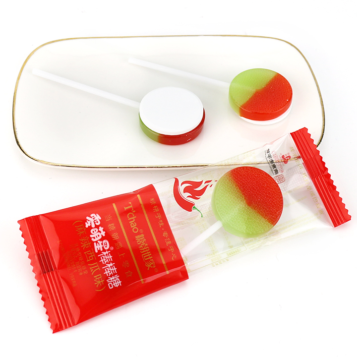 2 in 1 Spicy Watermelon Flavor Round Flat Hard Lollipop with Pressed Tablet Candy CH-BP103-6
