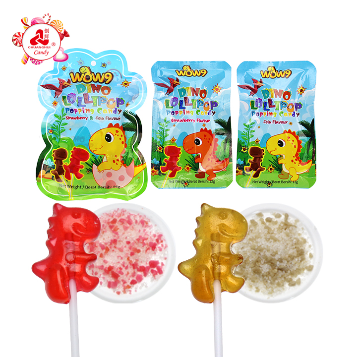 Bagged cola and strawberry flavored cartoon dinosaur shaped lollipop with Popping Candy CH-B394