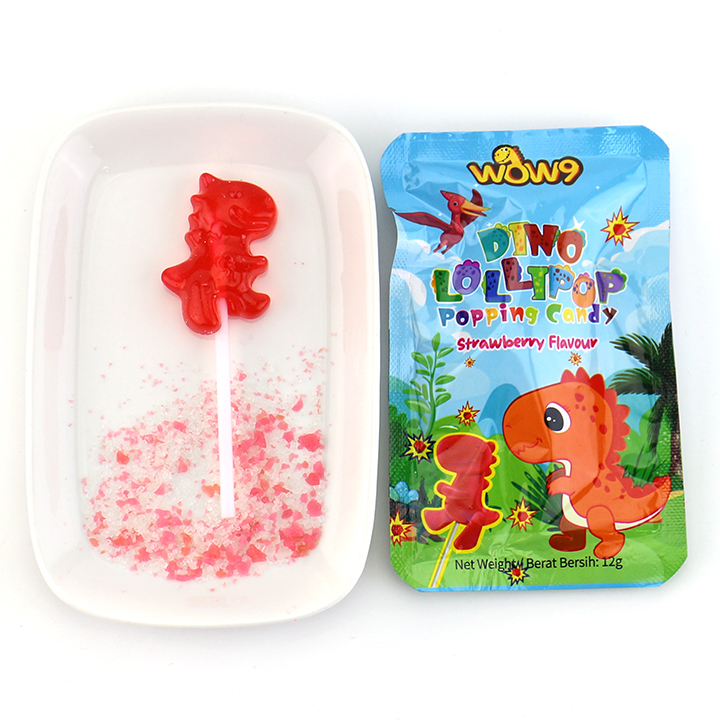 Bagged cola and strawberry flavored cartoon dinosaur shaped lollipop with Popping Candy CH-B394