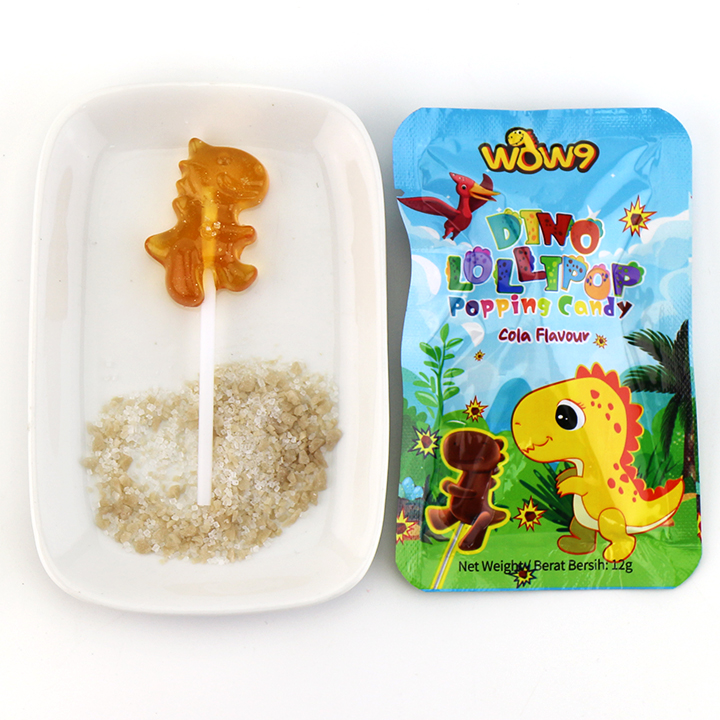 Bagged cola and strawberry flavored cartoon dinosaur shaped lollipop with Popping Candy CH-B394