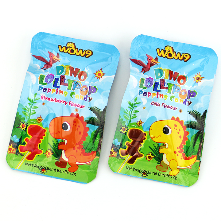 Bagged cola and strawberry flavored cartoon dinosaur shaped lollipop with Popping Candy CH-B394