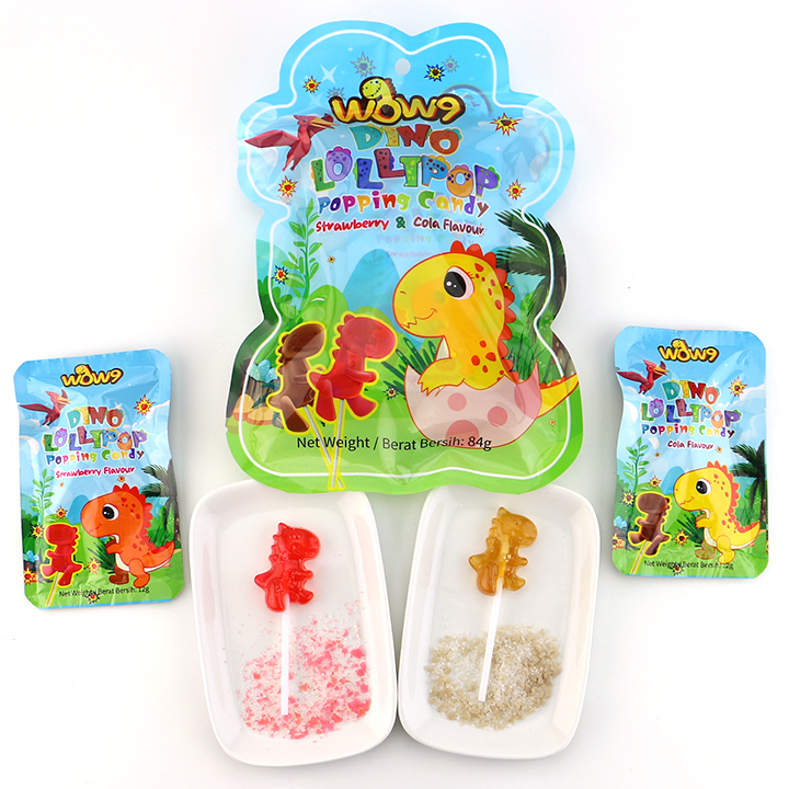 Bagged cola and strawberry flavored cartoon dinosaur shaped lollipop with Popping Candy CH-B394