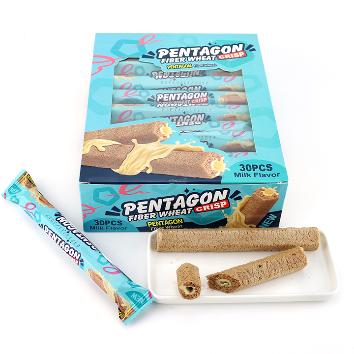 Halal Grain Snacks Crispy pentagonal Fiber Wheat Wafer Biscuit with Chocolate Jam Filled CH-D154