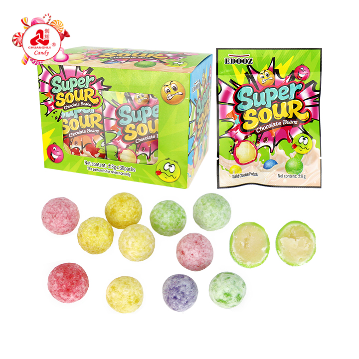 Super sour choco crispy sour fruit flavor sugar coating white chocolate bean candy CH-BC175