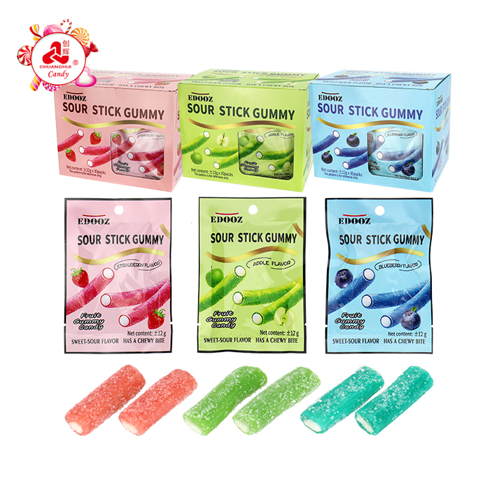 12g fruit flavor Sour stick chewy gummy candy filled with sour powder CH-J767