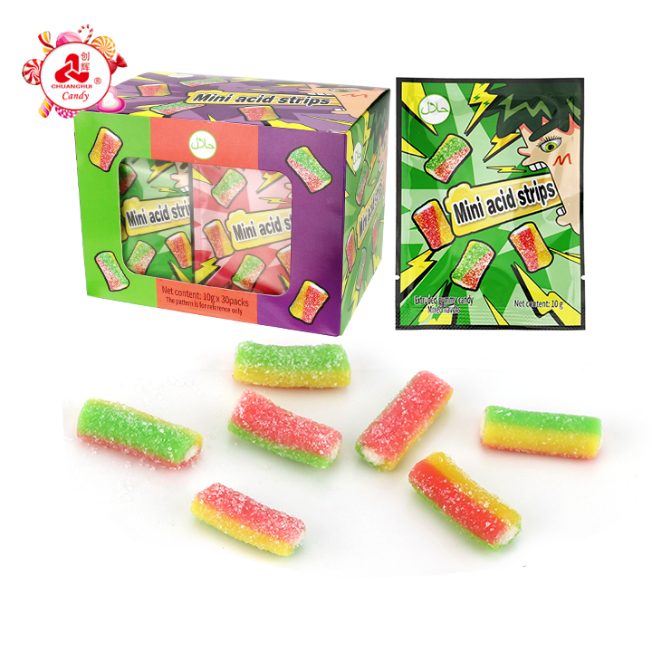 Mini acid flavor strip chewy gummy candy filled with sour powder CH-J770