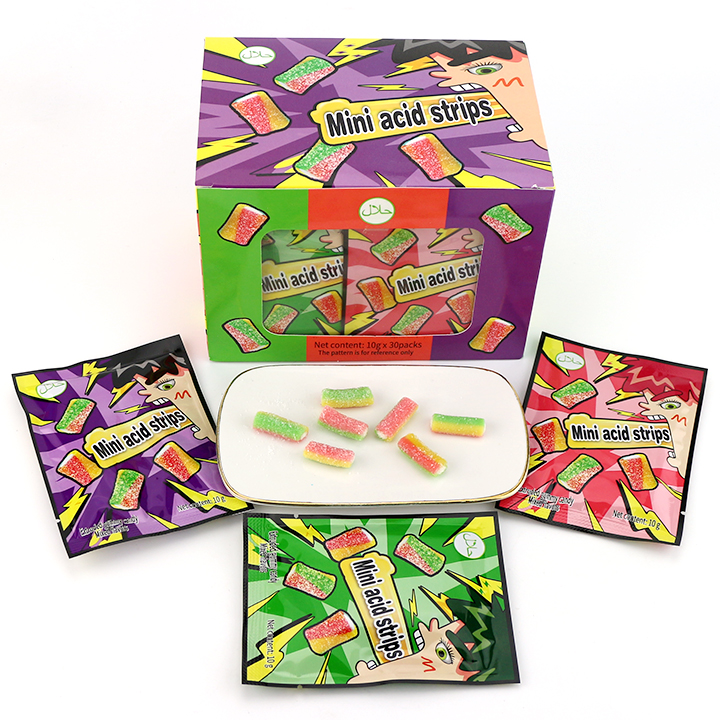 Mini acid flavor strip chewy gummy candy filled with sour powder CH-J770