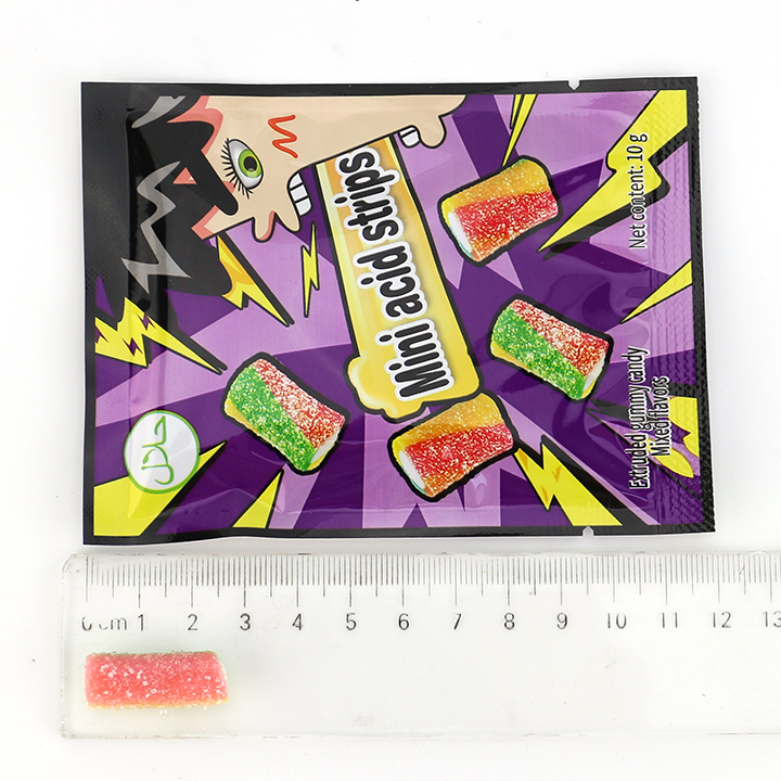 Mini acid flavor strip chewy gummy candy filled with sour powder CH-J770
