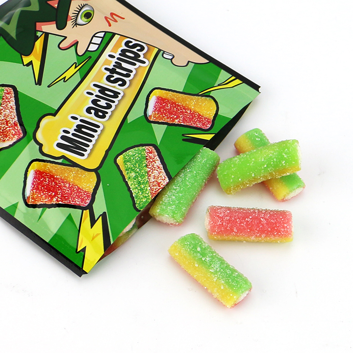 Mini acid flavor strip chewy gummy candy filled with sour powder CH-J770