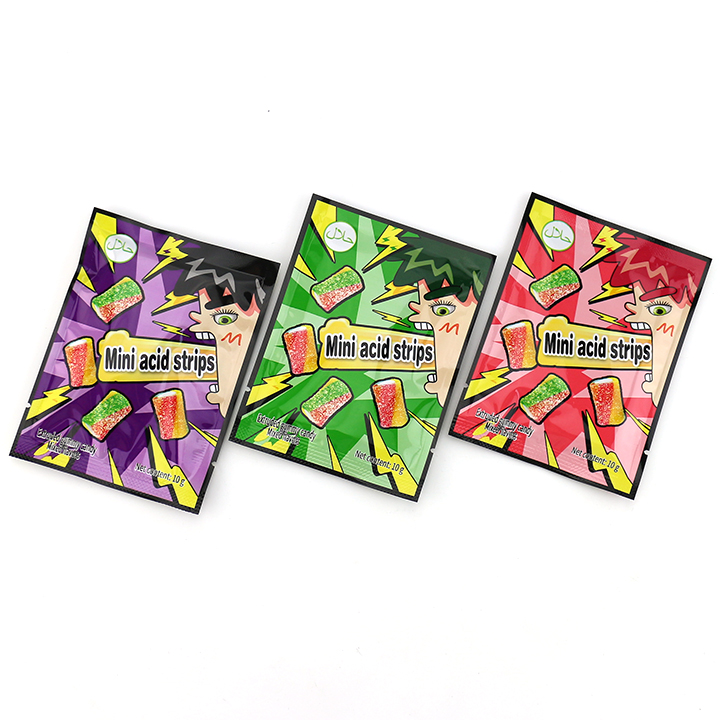 Mini acid flavor strip chewy gummy candy filled with sour powder CH-J770