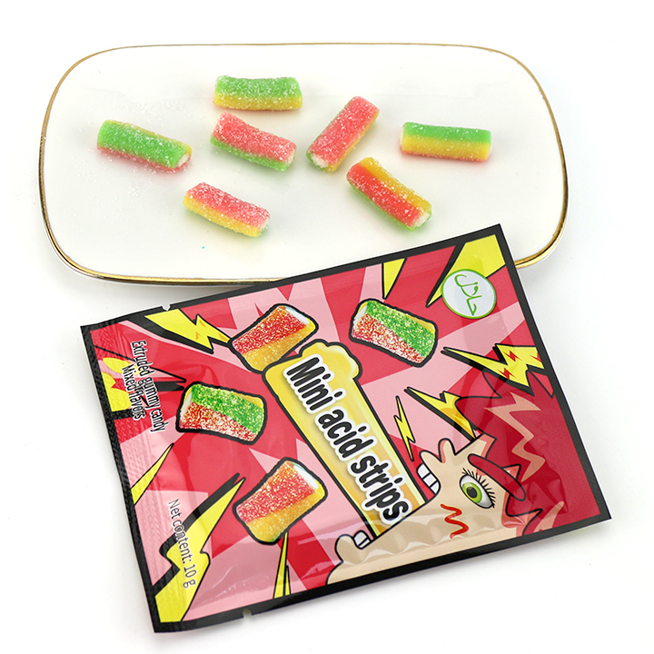 Mini acid flavor strip chewy gummy candy filled with sour powder CH-J770