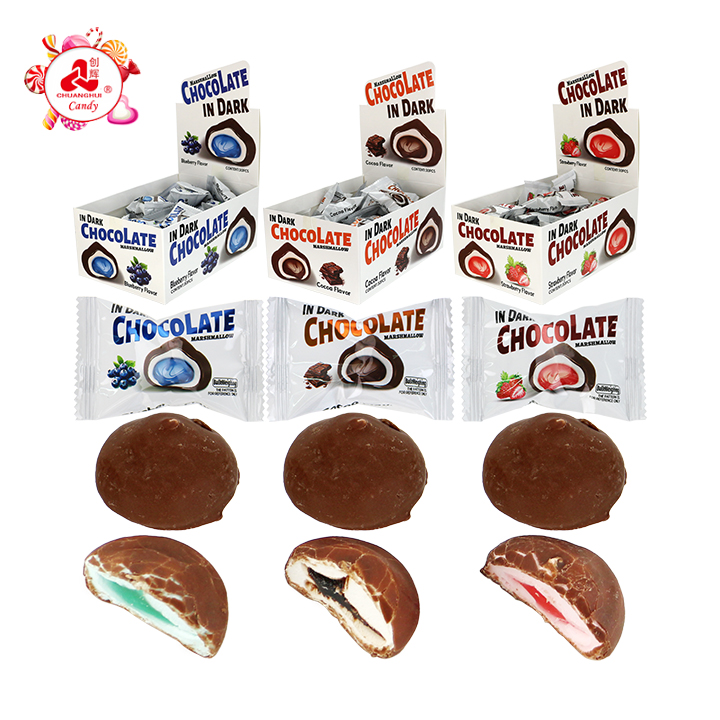 Halal strawberry, blueberry, chocolate in Dark chocolate-coated marshmallow with jam filling CH-M247