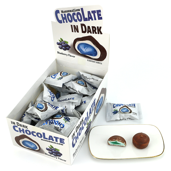 Halal strawberry, blueberry, chocolate in Dark chocolate-coated marshmallow with jam filling CH-M247