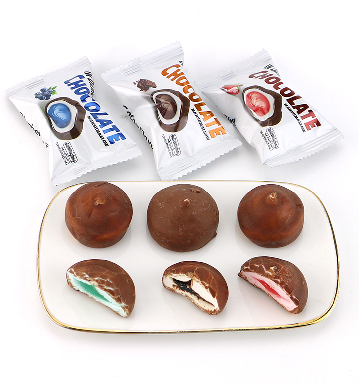 Halal strawberry, blueberry, chocolate in Dark chocolate-coated marshmallow with jam filling CH-M247