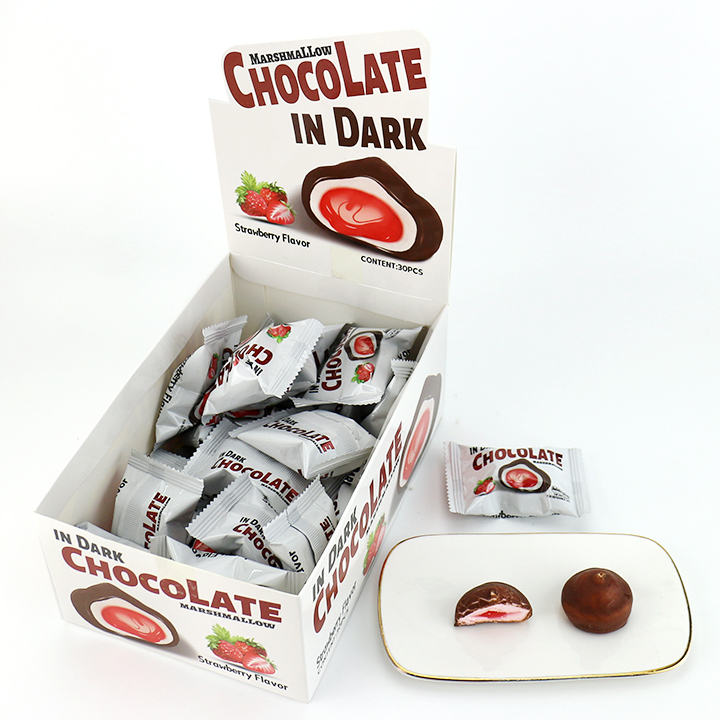 Halal strawberry, blueberry, chocolate in Dark chocolate-coated marshmallow with jam filling CH-M247